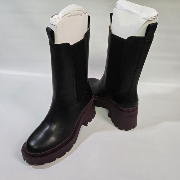 Coach Women's Alexa Leather Chunky Boots Size 7 Black Purple NIB Heeled 90s Y2K - Picture 1 of 10